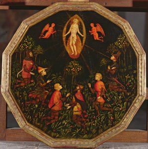 Kraamblad dat de Triomf van Venus toont, vereerd door zes legendarische geliefden: Achilles, Tristan, Lancelot, Samson, Paris en Troilus