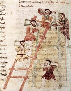 Bouw van een toren, Miniatuur uit het manuscript "De Universo" Boek 16 Hoofdstuk 1 door Maurus Rabanus