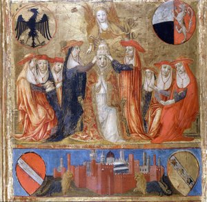 Kroning van Pius II (Enea Silvio Piccolomini) (1405 tot 1464). Italiaanse Paus (1458 - 1464). Beneden is de versterkte stad Siena. Bicherna (omslag van het boekhoudregister van de stad Siena) uit 1460. Nationaal Archief - Museo delle Tavolette de B door Italian School