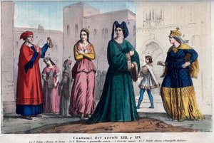 Kostuums in Siena tussen de XIII en XIV eeuw - kleding in Siena tussen de XIII en XIV eeuw - gravure uit 