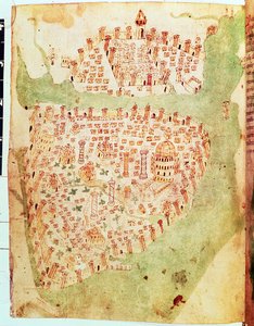 Cotton Vespasian A. XIII, f.36v: Kaart van Constantinopel, c.1450