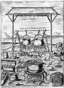 Landelijke keuken: ketels en potten staan op het vuur. Gravure uit “Opera”, boek over gastronomie verdeeld in 6 delen, door Bartolomeo Scappi, persoonlijke kok van paus Pius V. Venetië door Italian School