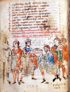 Hof van Mathilde van Canossa (of Gravin Mathilde van Toscane) (1046 - 1115) in ""Vita Mathildis"" door Donizone, manuscript uit de 13e eeuw. Lucca, Bibl, Governativa. door Italian School