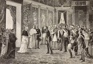 Kroonprins van Duitsland (toekomstige Frederik III) wordt ontvangen door paus Leo XIII in de Troonzaal, Vaticaan, gravure naar tekening door Ximenes naar schets door Dal Don door Italian School