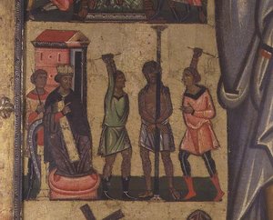 Kruisiging met Verhalen van de Passie: detail met de Geseling van Christus, School van Lucca door Italian School