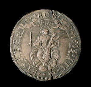 Munt van de Republiek Genua: ECU breed in zilver. Diam. 61 mm. 1693. achterkant.
