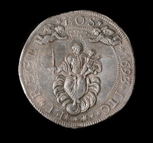 Munt van de Republiek Genua: vijf ecu zilveren munt. Diam. 61 mm. 1693. Achterkant. Genua Musei di Strada Nuova