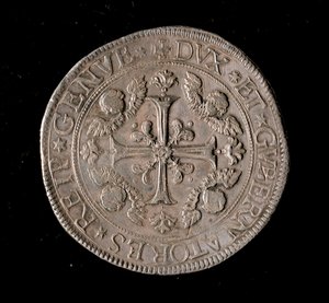 Munt van de Republiek Genua: vijf ecu zilveren munt. Diam. 61 mm. 1693. Voorzijde. Genua Musei di Strada Nuova door Italian School