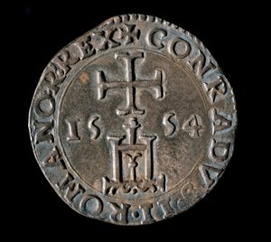Munt van de Republiek Genua: zilveren teston (of testone) van de Zegen. Voorzijde met de poort van Genua onder een kruis. 1554. Genua, Musei di Strada Nuova door Italian School