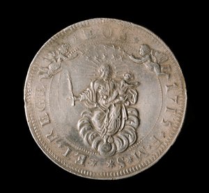 Munt van de Republiek Genua: zes ecu zilveren munt. Diam. 61,5 mm. 1715. Voorkant. Genua Musei di Strada Nuova (inv, M7156)
