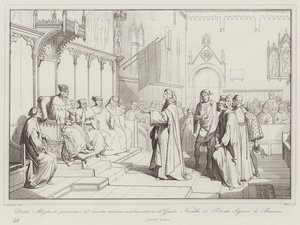 Dante Alighieri presenteert zich aan de senaat als ambassadeur van Guido Novello di Polenta, Heer van Ravenna door Italian School