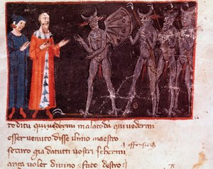 Dante en Vergilius spreken met Malacoda, leider van de Malebranche squadrons (lied 21 uit Inferno, in de Goddelijke Komedie) - miniatuur door Italian School
