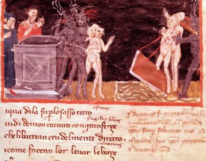 Dante en Vergilius omringd door de pooiers en verleiders (lied 18 uit de Hel, in de Goddelijke Komedie) door Italian School