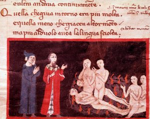 Dante en Virgil omringd door de gewelddadigen (lied 14 uit de Hel, in de Goddelijke Komedie) - miniatuur 14e eeuw door Italian School