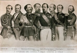 Verdedigers van de Wet en Vrijheid van Italië: van links naar rechts, Generaal Manfredo Fanti (1806-1855), Camillo Benso, Graaf van Cavour (1810-1861), Koning van Sardinië Vittorio Emanuele II (Victor Emmanuel), Generaal Enrico Cialdini (1811-1892) door Italian School
