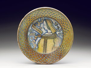 Deruta majolica gelustreerde "Bella Donna" schotel, 1520-30
