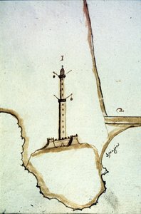 Detail van een handgeschreven topografische kaart uit de 17e eeuw die de positie van de Genua-lantaarn toont. door Italian School