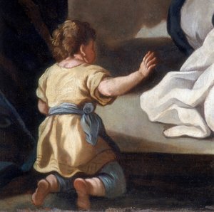 Detail van het schilderij dat de Madonna van de Rozenkrans met heiligen Dominicus en Catharina van Siena afbeeldt door Italian School