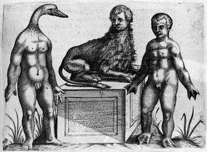 Verschillende soorten menselijke monsters: een man met het hoofd van een eend, een man met het lichaam van een leeuw en een andere met handpalmen. Gravure uit 
