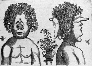Verschillende soorten menselijke monsters: gezicht en gezicht van monsterhoofd. Gravure uit 