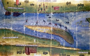 Geschil over het recht om ijs te oogsten tussen de bewoners van de rivier de Po. 1535. Milaan, Nationaal Archief. door Italian School