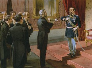 Hertog van Sermoneta biedt koning Victor Emmanuel II (1820-78) het Romeinse referendum aan in Palazzo Pitti, Florence, 1870, illustratie uit een album over de geschiedenis van Risorgimento gemaakt voor de chocolade Talmone, eind 19e eeuw