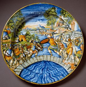 Episode van de verdediging van de Subliciusbrug door de legendarische Romeinse held Horatius Cocles tijdens de gevechten tegen de Etrusken door Italian School