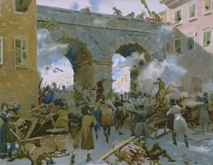 Gebeurtenissen van 18 tot 22 maart 1848, Milanezen verdrijven Oostenrijkers, illustratie uit een album over de geschiedenis van Risorgimento gemaakt voor de chocolade Talmone, eind 19e eeuw