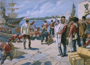 Expeditie van de Duizend onder leiding van Giuseppe Garibaldi, landing bij Marsala, Sicilië, 1860, illustratie uit een album over de geschiedenis van Risorgimento gemaakt voor de chocolade Talmone, eind 19e eeuw door Italian School