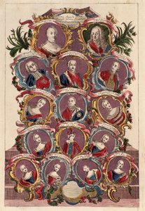 Stamboom van keizerin Maria Theresia van Habsburg (1717-1780) met echtgenoot Frans I en kinderen: Maria Elizabeth, Joseph II, Maria Amalia, Leopold II, Ferdinand en Maximiliaan door Italian School