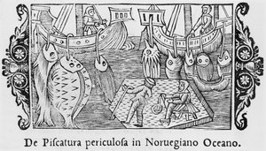 Vissen in de Noorse Oceaan, illustratie uit Historia de Gentibus Septentrionalibus door Olaus Magnus, uitgegeven Rome, 1555 door Italian School