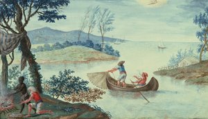 Visscène die de maand juli uitbeeldt, een van een serie van twaalf door Italian School