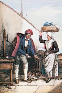 Visverkoper en boer, illustratie uit Kostuums van Istrië, Italië