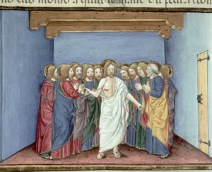 Fol.135v Jezus verschijnt aan de discipelen die onder één dak zijn verzameld uit angst voor de rechters door Italian School