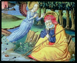 Fol.37v Een engel vertelt Jozef dat Maria zwanger is