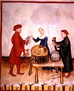 Fol.67r De verkoop van jonge duiven, illustratie uit 