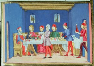 Fol.75v Jezus vraagt tijdens de maaltijd in het huis van de Farizeeër of hij op de sabbat mag genezen door Italian School