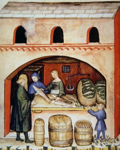Gezouten vis, illustratie uit Tacuinum Sanitatis Codex Vindobonensis door Italian School