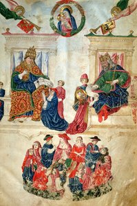 Oprichting van de Universiteit van Bologna door Keizer Theodosius II (408-450) en de privileges verleend door Paus Paulus II (1417-71) door Italian School