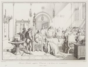 Francesco Dandolo smeekt Clemens V om de excommunicatie op te heffen door Italian School