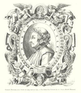 Francesco Petrarca, geboren in Arezzo in 1304, overleden in 1374, Fac-simile van een portret uit de 16e eeuw, British Museum (gravure) door Italian School