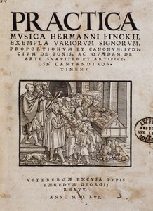 Frontispice van Practica musica door Hermann Finck (1527-1558), Duitse componist en muziektheoreticus.
