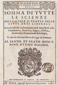 Frontispice genomen uit Somma di tutte le scienze, essay over de vrije kunsten, door Aurelio Marinati