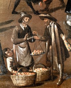 Fruitenverkoper en kleine dief (detail) door Italian School