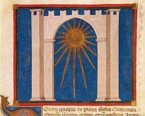 Poort van de Zon, miniatuur uit Register van Notarissen uit Perugia, manuscript, Italië 14e eeuw