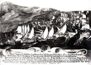 Generaal Francisco Morosini en de Venetiaanse vloot in een ontmoeting met de Turkse vloot voor de kust van Kreta, mei 1661 door Italian School