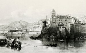 Genua marina muur met Villa Doria Pamphili op de achtergrond, gravure, ca. 1850, Italië