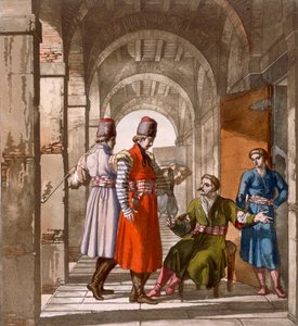 Georgische mannen die praten en roken in een arcade, ca. 1820-30