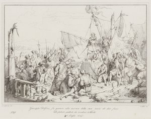 Giuseppe Dolfino laat zijn bemanning zweren het kruit in brand te steken liever dan (gravure) door Italian School