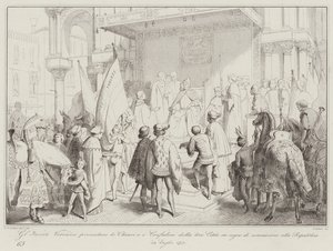 Veronese gezanten presenteren de sleutels en vaandels van hun stad als teken van onderwerping (gravure) door Italian School